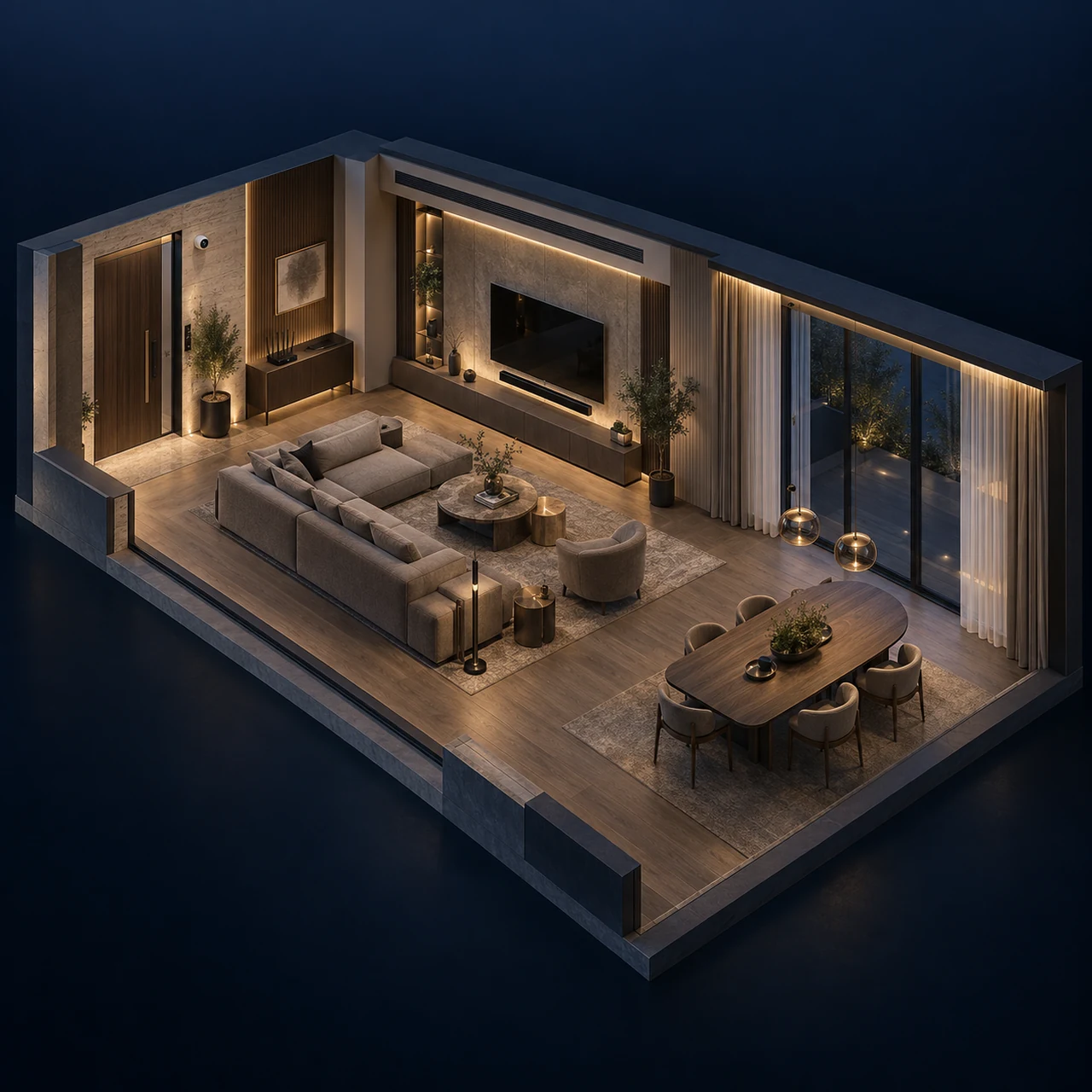 Maquete conceitual de uma residência integrada, com sala, jantar e sistemas de automação